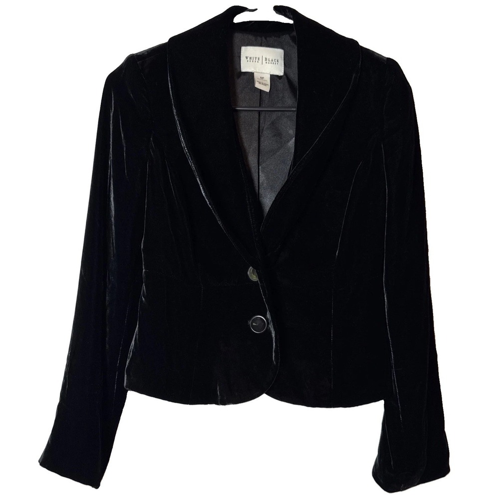 White House Black Market Womens 0P Black Velvet Silk Blend Blazer Petite